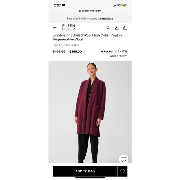 Eileen Fisher Lightweight Boiled Wool High Collar Plum Cardigan - Picture 2 of 9